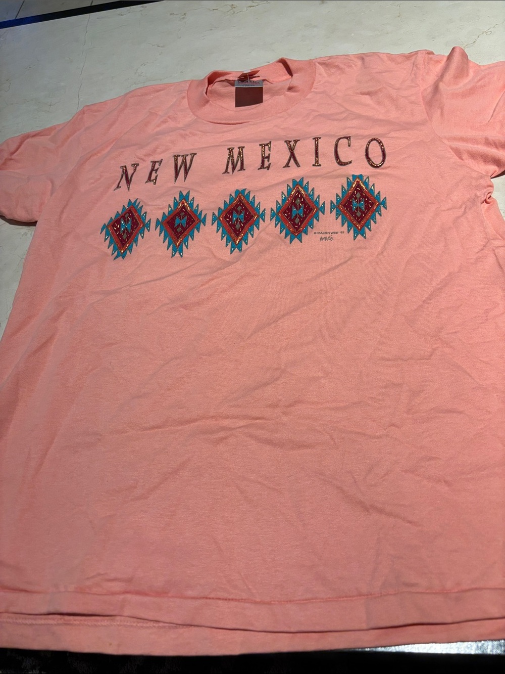 Jerzees Pink New Mexico Tee with Teal & Red Diamond Motifs